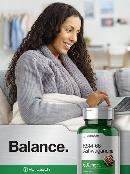 Horbäach KSM-66 Ashwagandha 600mg | with L-Theanine | 60 Coated Caplets | Vegan, Non-GMO, Gluten Free Complex Supplement - Maple Wellness Supplements