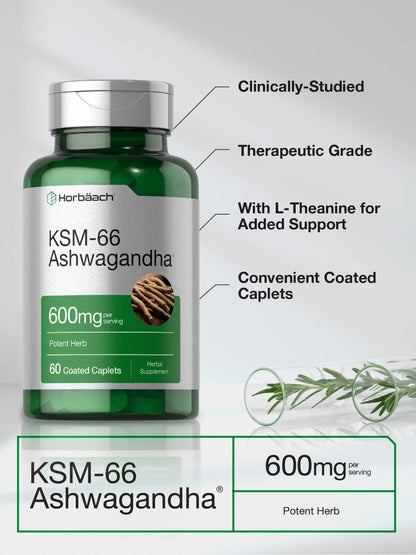 Horbäach KSM-66 Ashwagandha 600mg | with L-Theanine | 60 Coated Caplets | Vegan, Non-GMO, Gluten Free Complex Supplement - Maple Wellness Supplements