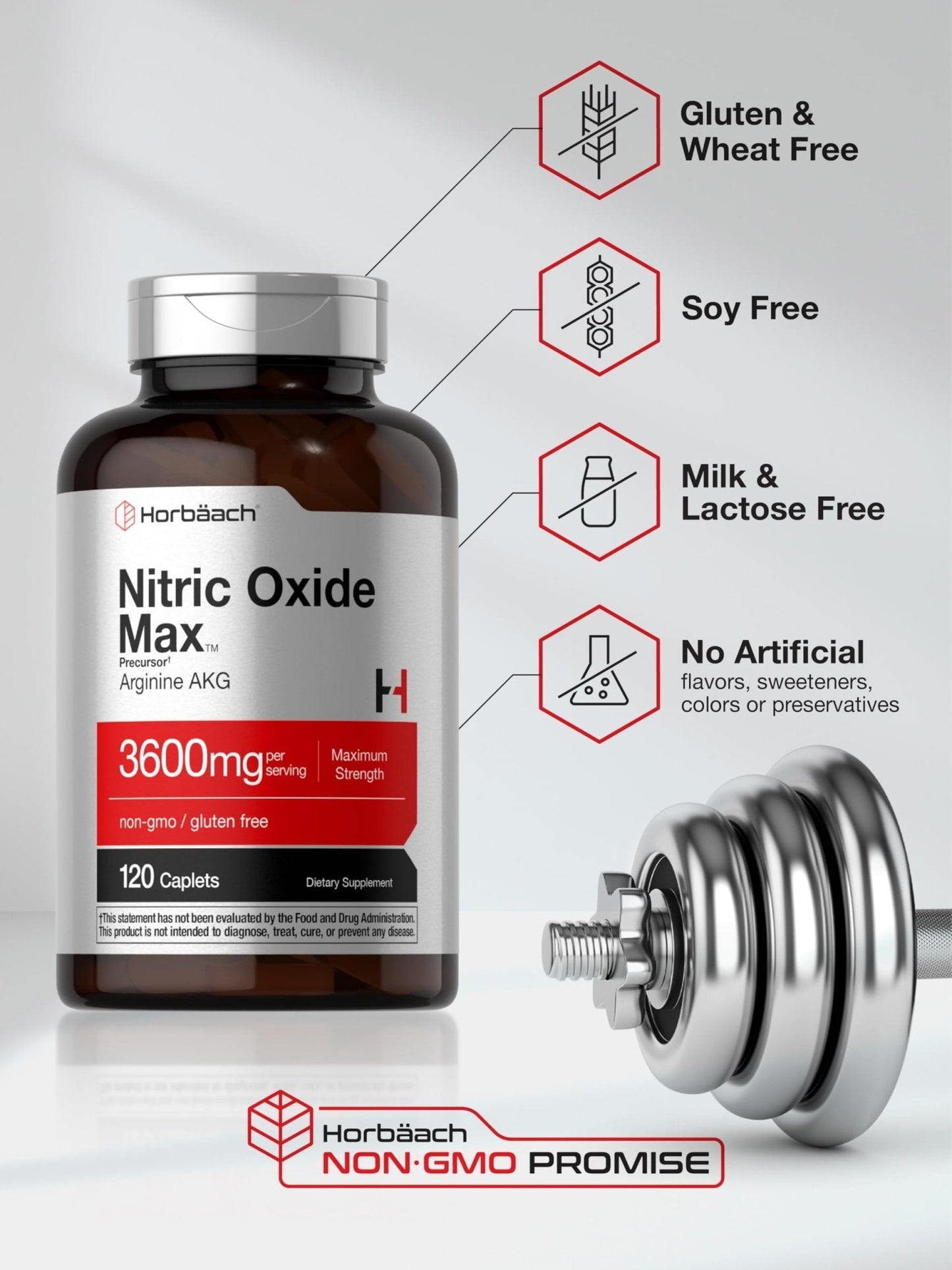 Horbäach Nitric Oxide Max 3600mg | 120 Caplets | with Arginine AAKG for Men and Women | Vegetarian, Non-GMO - Maple Wellness Supplements