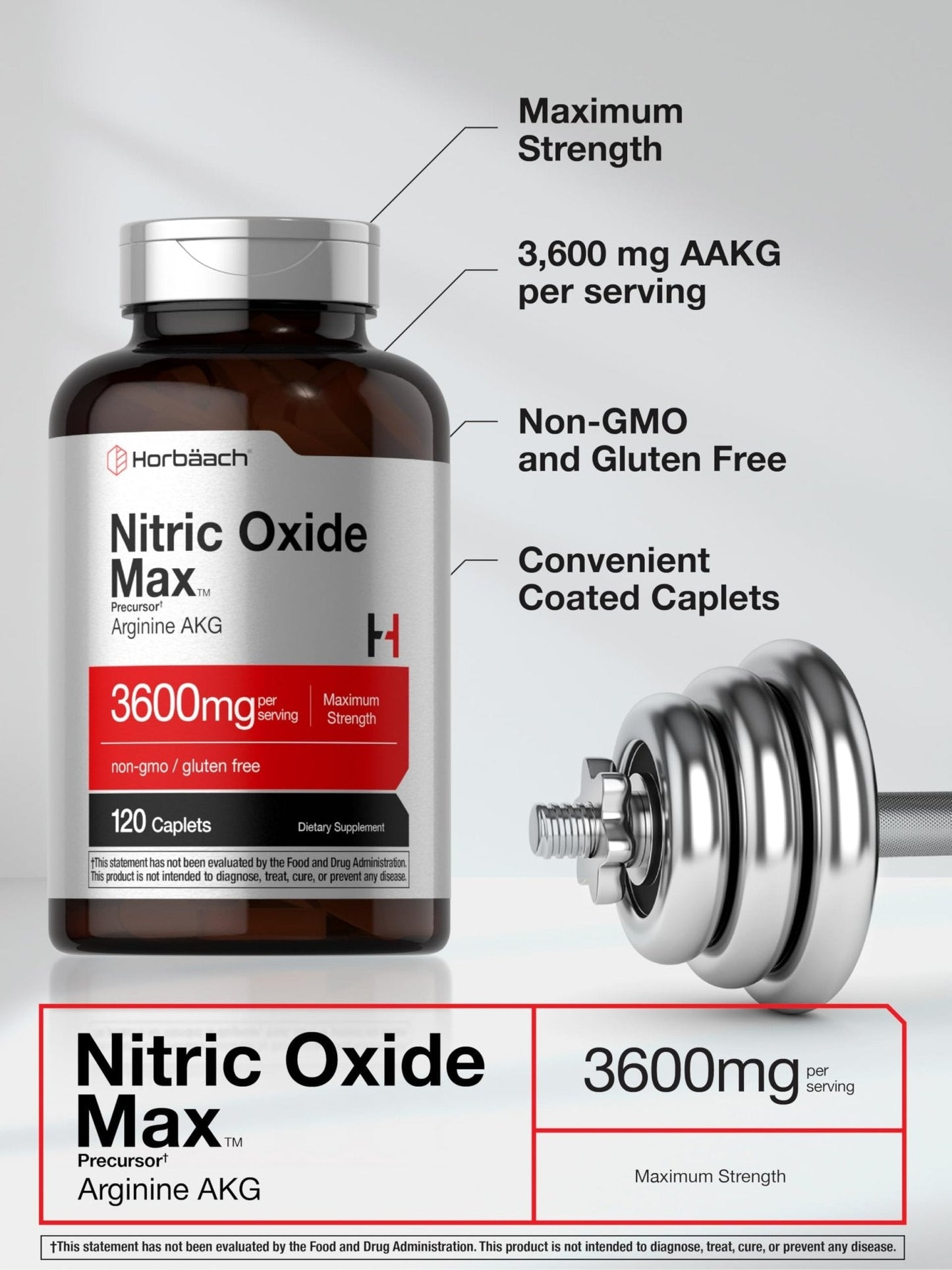 Horbäach Nitric Oxide Max 3600mg | 120 Caplets | with Arginine AAKG for Men and Women | Vegetarian, Non-GMO - Maple Wellness Supplements
