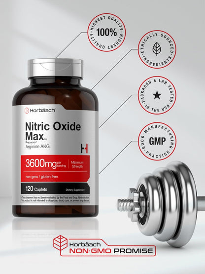 Horbäach Nitric Oxide Max 3600mg | 120 Caplets | with Arginine AAKG for Men and Women | Vegetarian, Non-GMO - Maple Wellness Supplements
