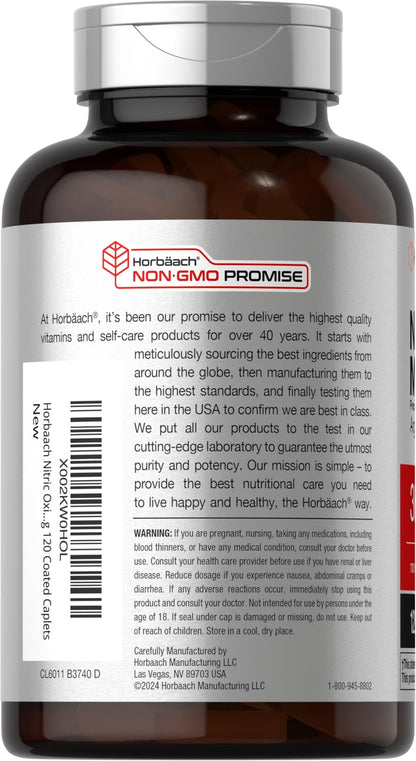 Horbäach Nitric Oxide Max 3600mg | 120 Caplets | with Arginine AAKG for Men and Women | Vegetarian, Non-GMO - Maple Wellness Supplements