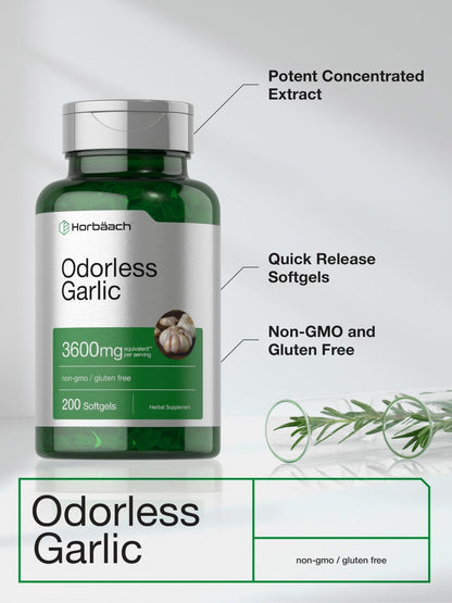 Horbäach Odorless Garlic Softgel Supplement | 200 Count | Ultra Potent Concentrated Herbal Extract | Non-GMO & Gluten Free - Maple Wellness Supplements