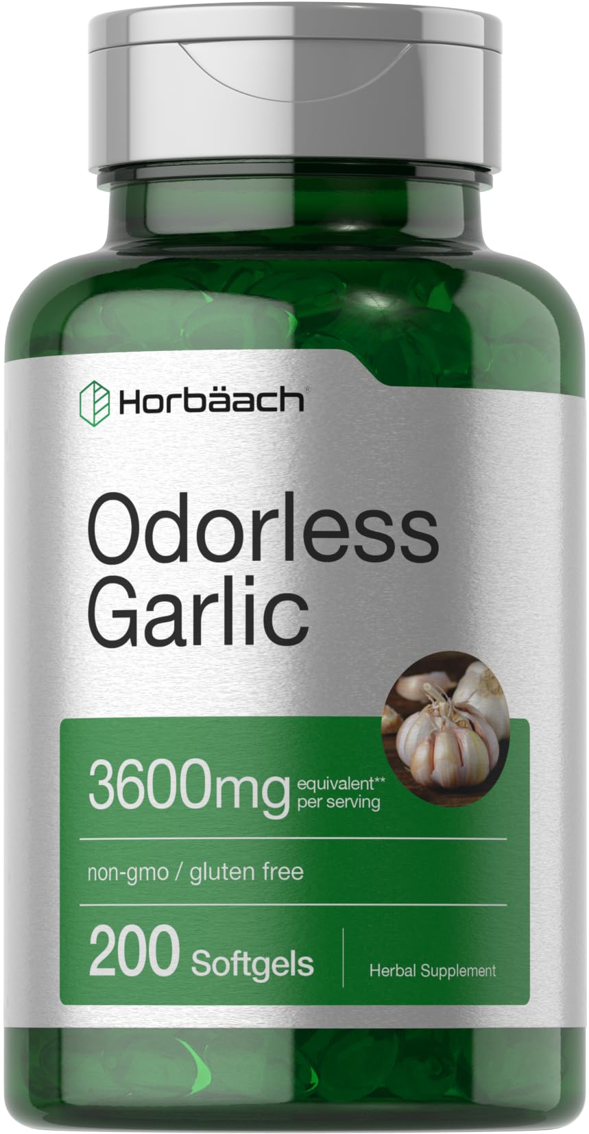 Horbäach Odorless Garlic Softgel Supplement | 200 Count | Ultra Potent Concentrated Herbal Extract | Non-GMO & Gluten Free - Maple Wellness Supplements