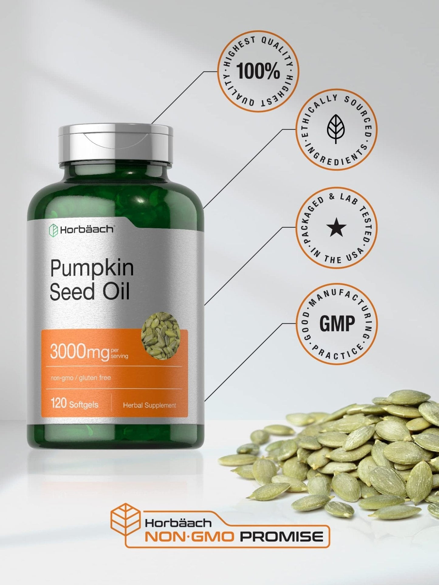 Horbäach Pumpkin Seed Oil | 3000mg | 120 Softgel Capsules | Cold Pressed Dietary Supplement | Non-GMO and Gluten Free Formula - Maple Wellness Supplements