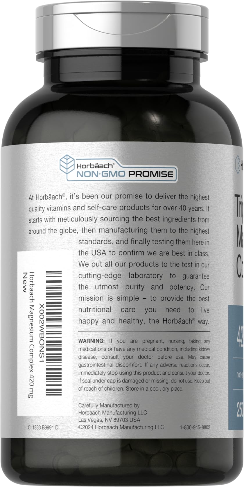 Horbäach Triple Magnesium Complex | 420 mg | 250 Capsules | Non-GMO and Gluten Free Formula | Magnesium Oxide, Citrate, and Aspartate Dietary Supplement - Maple Wellness Supplements