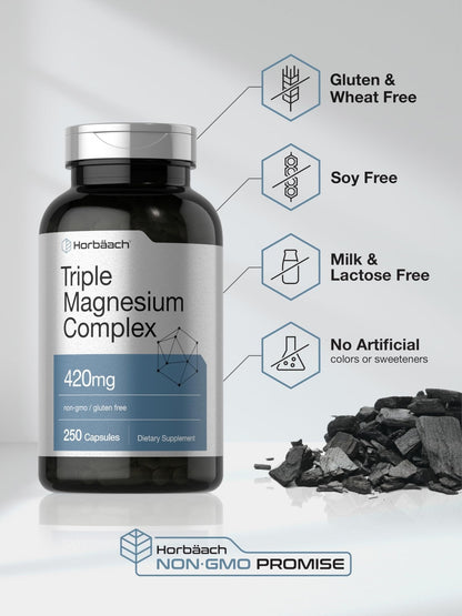 Horbäach Triple Magnesium Complex | 420 mg | 250 Capsules | Non-GMO and Gluten Free Formula | Magnesium Oxide, Citrate, and Aspartate Dietary Supplement - Maple Wellness Supplements