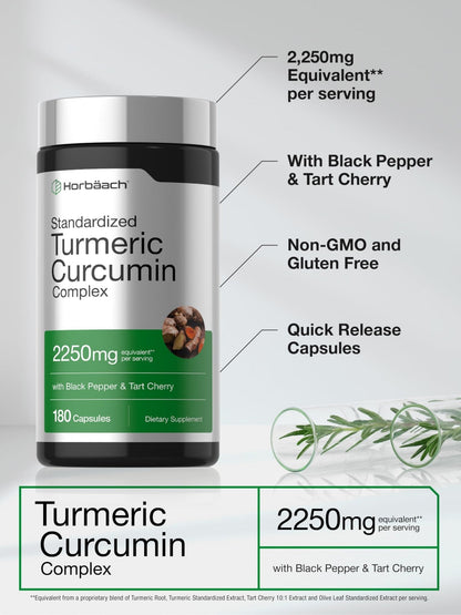 Horbäach Turmeric Curcumin Supplement | 180 Capsules | with Black Pepper & Tart Cherry | Non-GMO & Gluten Free - Maple Wellness Supplements