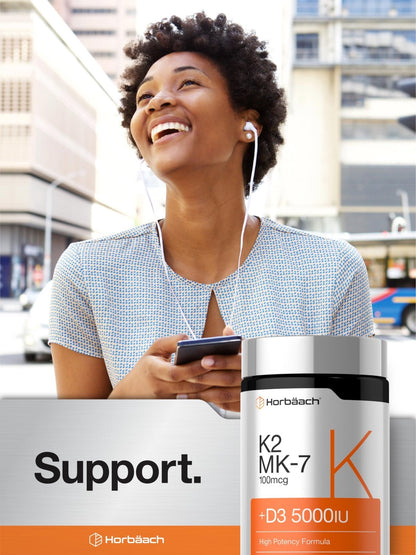 Horbäach Vitamin D3 K2 5000 iu | 100mcg MK-7 Complex | 180 Softgel Capsules | Non-GMO & Gluten Free Supplement - Maple Wellness Supplements