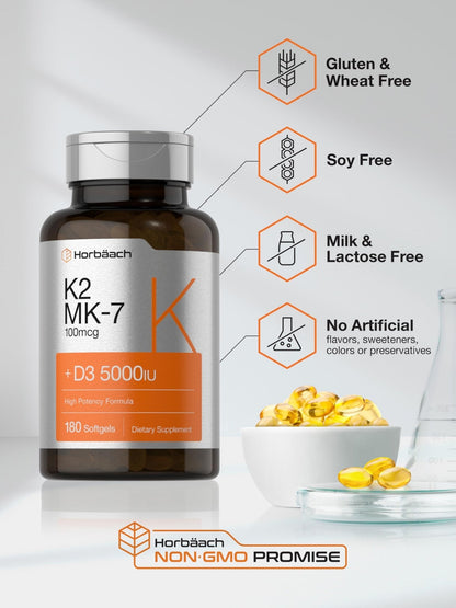 Horbäach Vitamin D3 K2 | 5000iu of Vitamin D & 100mcg MK-7 Complex | 180 Softgel Cap - Maple Wellness Supplements