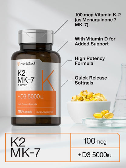 Horbäach Vitamin D3 K2 | 5000iu of Vitamin D & 100mcg MK-7 Complex | 180 Softgel Cap - Maple Wellness Supplements