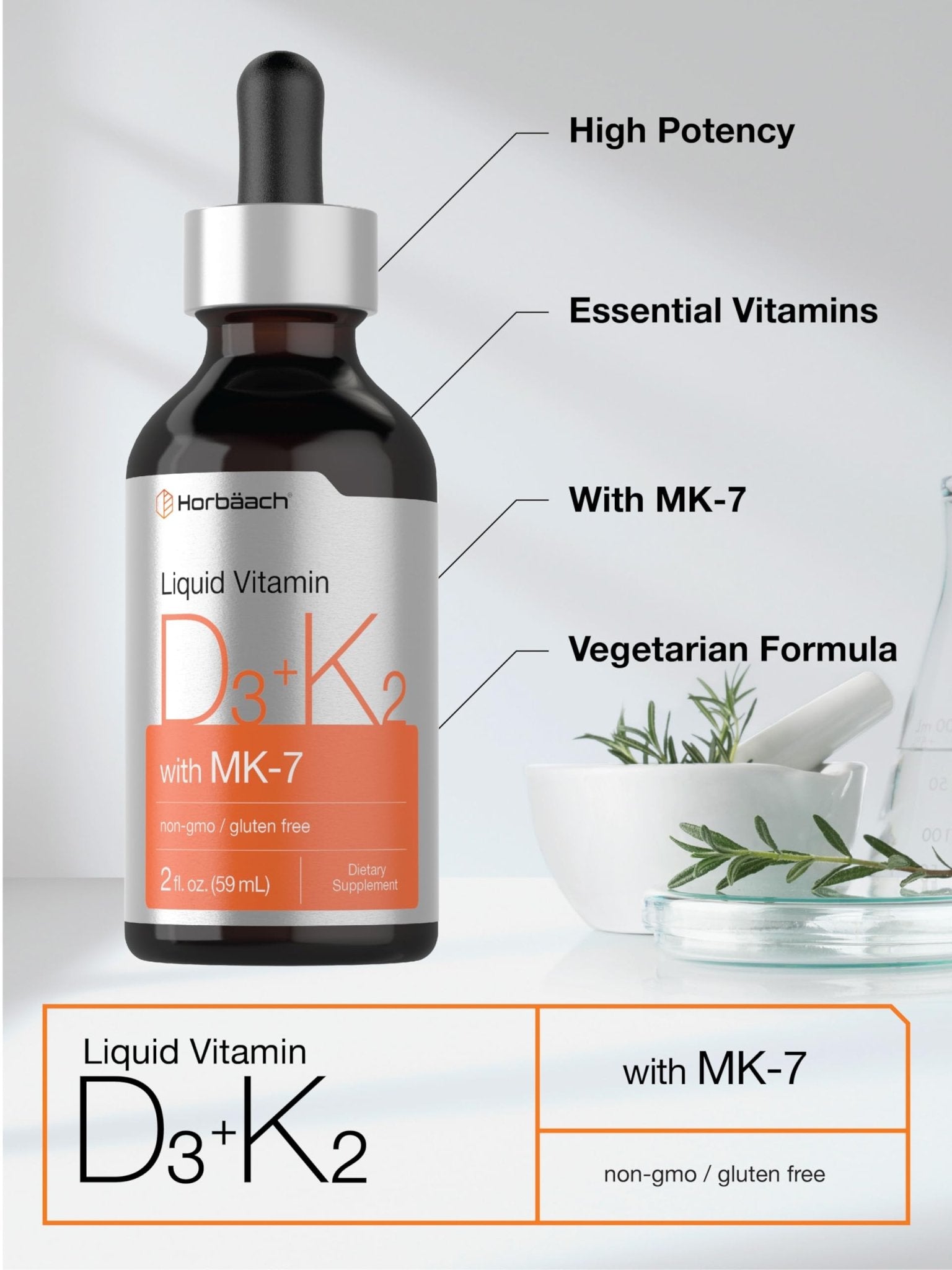Horbäach Vitamin D3 + K2 Liquid Drops | with MK7 | 2 Fl Oz | Vegetarian | Non-GMO - Maple Wellness Supplements