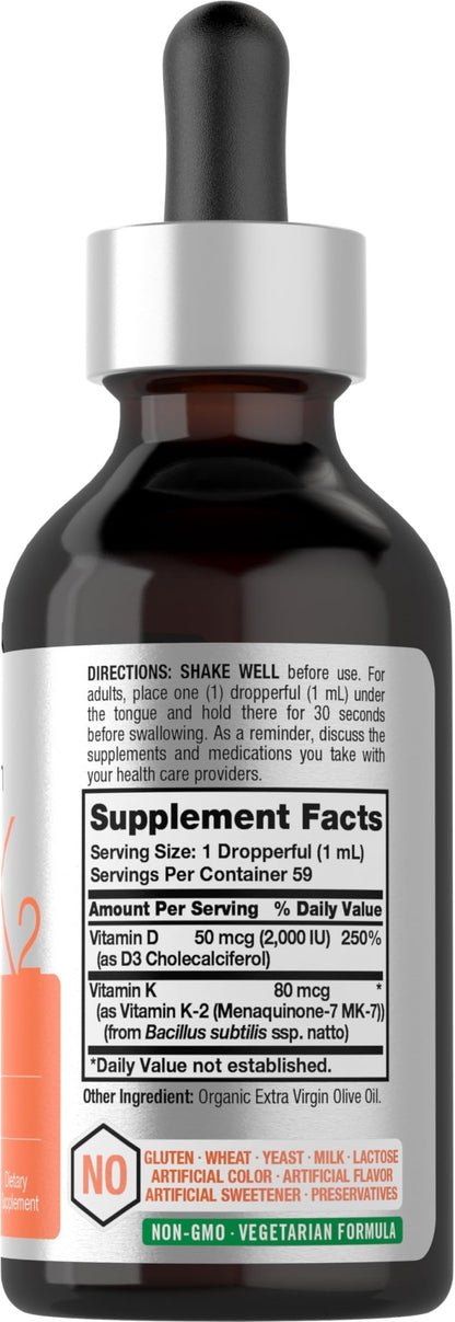 Horbäach Vitamin D3 + K2 Liquid Drops | with MK7 | 2 Fl Oz | Vegetarian | Non-GMO - Maple Wellness Supplements