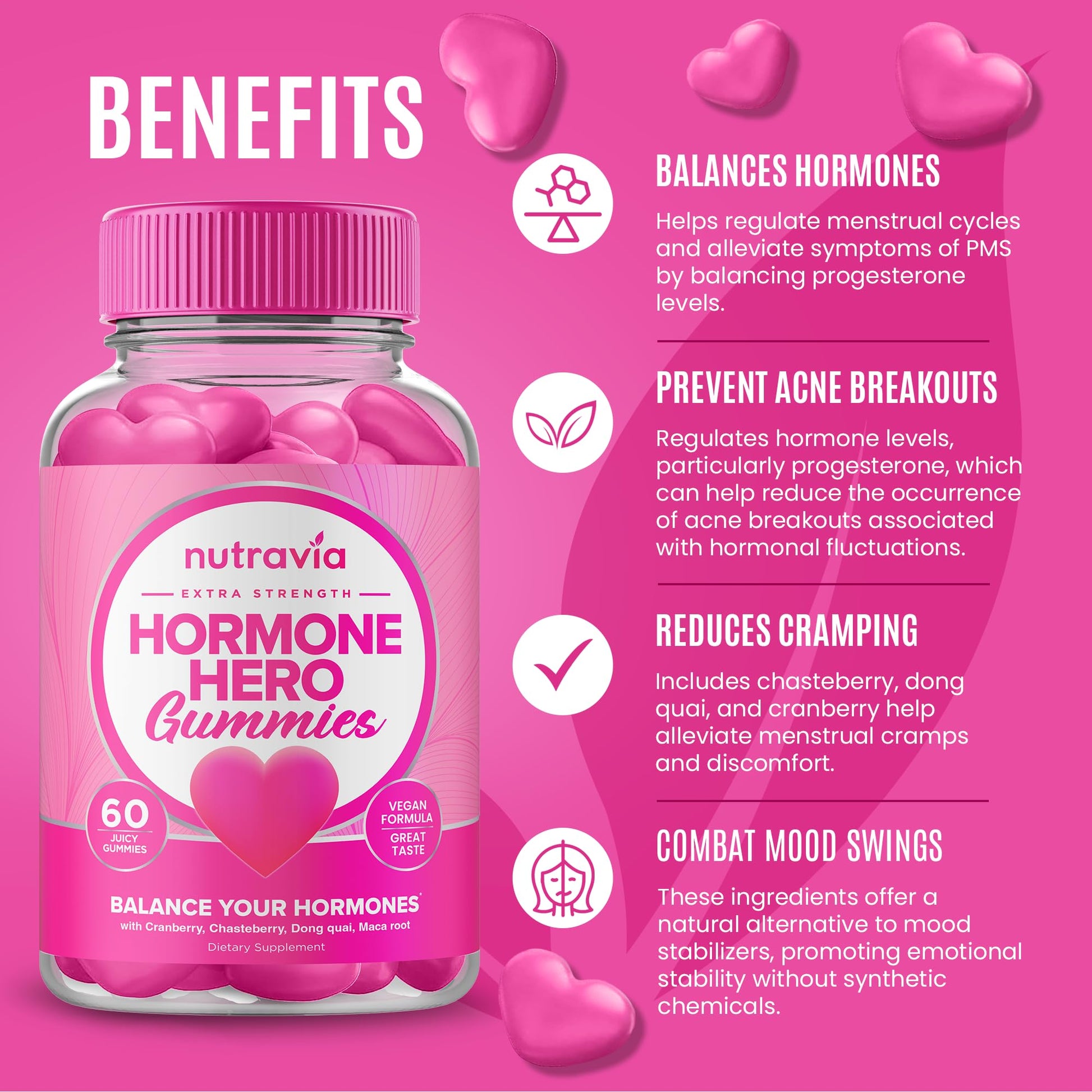 Hormone Balance For Women Gummies + PMS Relief Supplement - Supports Mood Swings, Clear Skin, Reduced Cramps and Bloating - Hormonal PMS Gummies PCOS Vitamin with Cranberry, Dong Quai (60 Gummies) - Maple Wellness Supplements