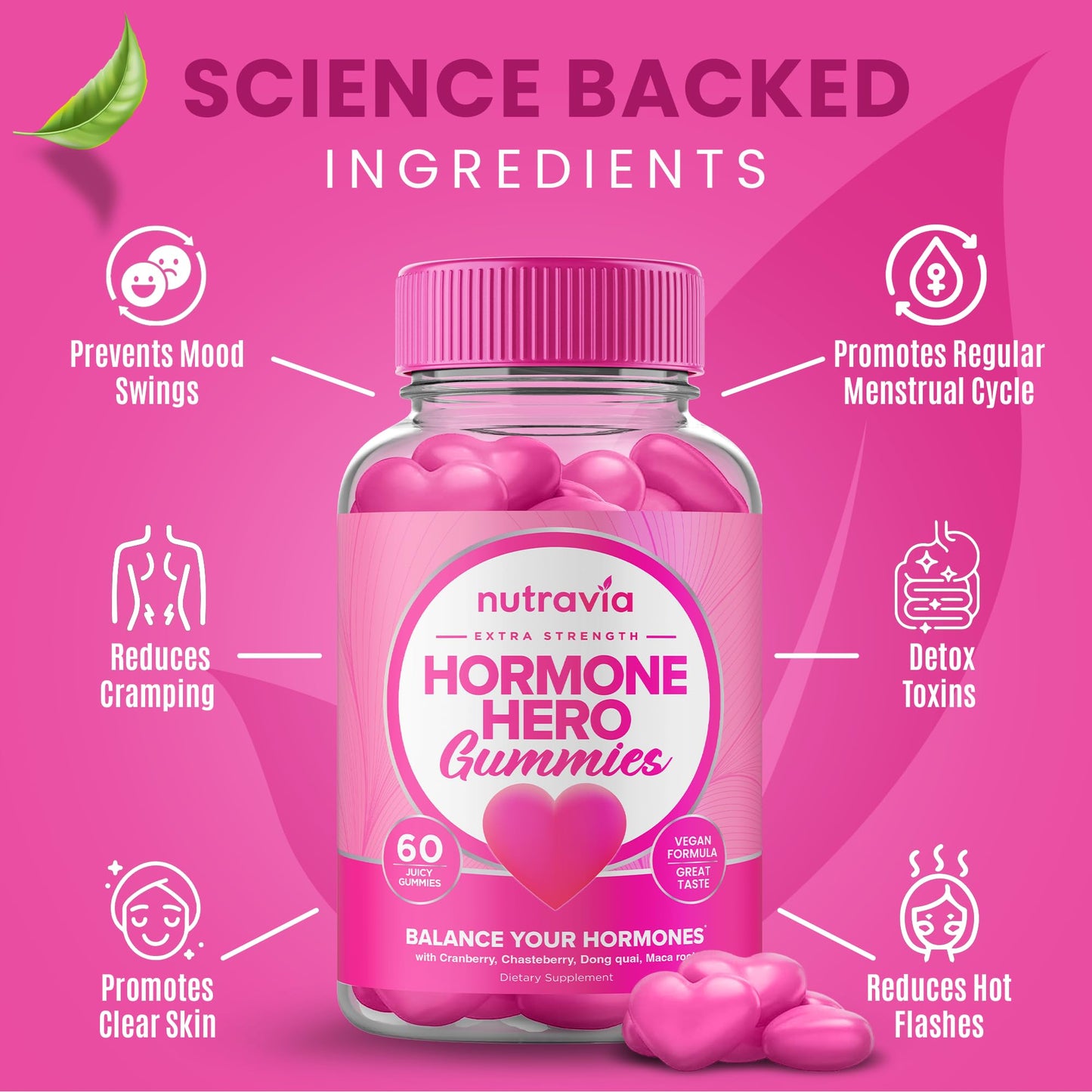 Hormone Balance For Women Gummies + PMS Relief Supplement - Supports Mood Swings, Clear Skin, Reduced Cramps and Bloating - Hormonal PMS Gummies PCOS Vitamin with Cranberry, Dong Quai (60 Gummies) - Maple Wellness Supplements