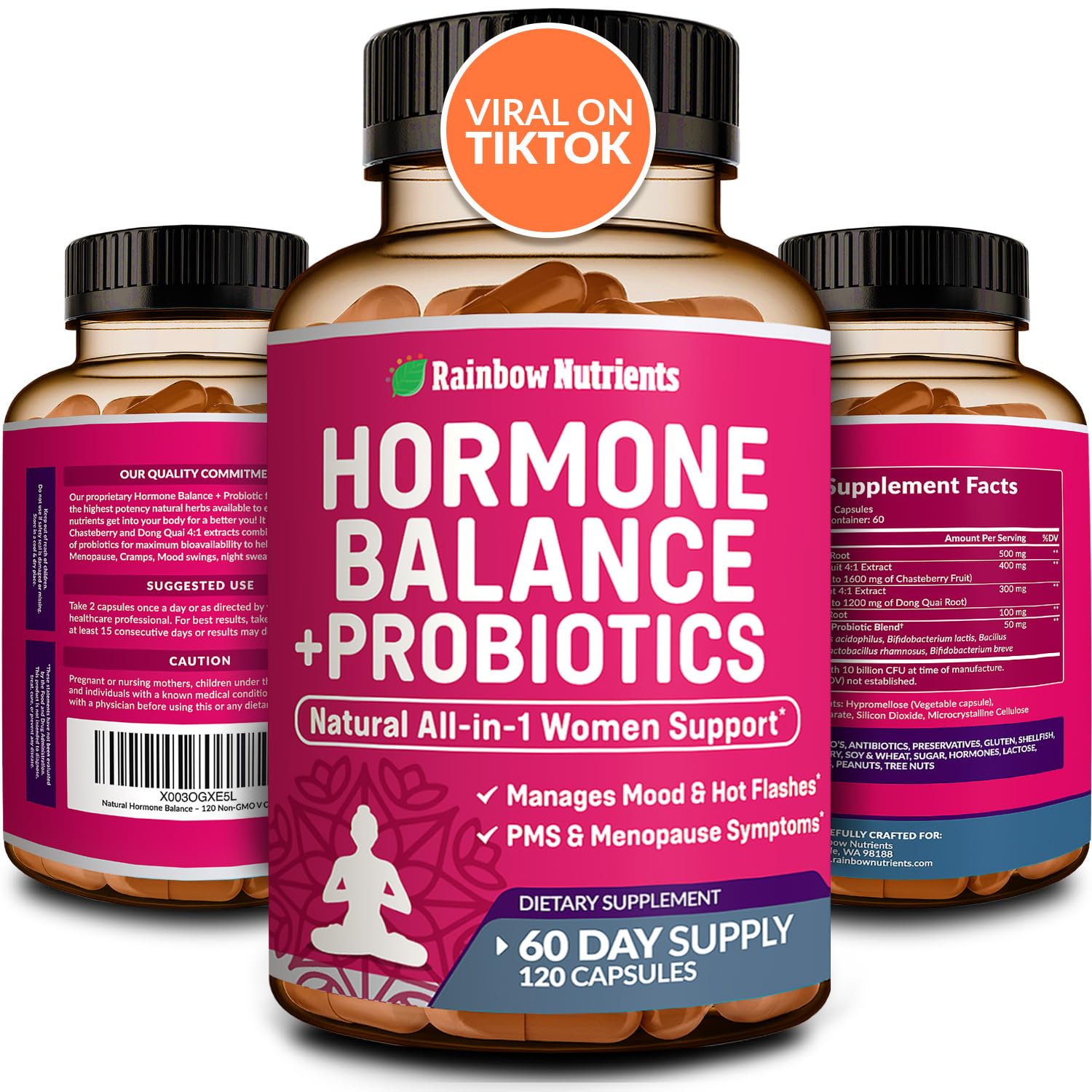 Hormone Balance + Probiotics for Women- Natural Menopause Relief, Weight Management, Bloating, Hot Flashes, PMS | Organic Maca, Chasteberry, Dong Quai & Black Cohosh | Non GMO |120 V Capsules - Maple Wellness Supplements