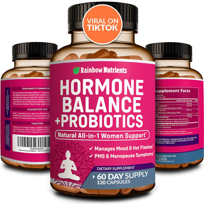 Hormone Balance + Probiotics for Women- Natural Menopause Relief, Weight Management, Bloating, Hot Flashes, PMS | Organic Maca, Chasteberry, Dong Quai & Black Cohosh | Non GMO |120 V Capsules - Maple Wellness Supplements