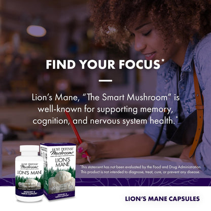 Host Defense Mushrooms Lion's Mane - Supplement Capsules for Brain Health Support - Mushroom Support for Focus & Memory Function - Maple Wellness Supplements