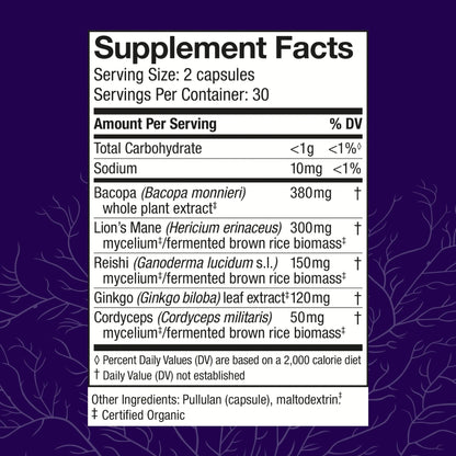 Host Defense MycoBotanicals Brain* Capsules - Brain Support Supplement with Lion's Mane, Reishi & Cordyceps Mushroom - Herbal Supplement for Memory & Focus Support - 60 Capsules - Maple Wellness Supplements