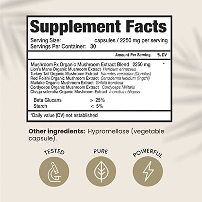 HPD Rx Mushroom Rx Organic Mushroom Extract Blend Max Immunity Dose, Lion’s Mane - Maple Wellness Supplements