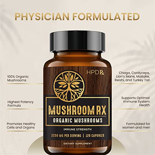HPD Rx Mushroom Rx Organic Mushroom Extract Blend Max Immunity Dose, Lion’s Mane - Maple Wellness Supplements
