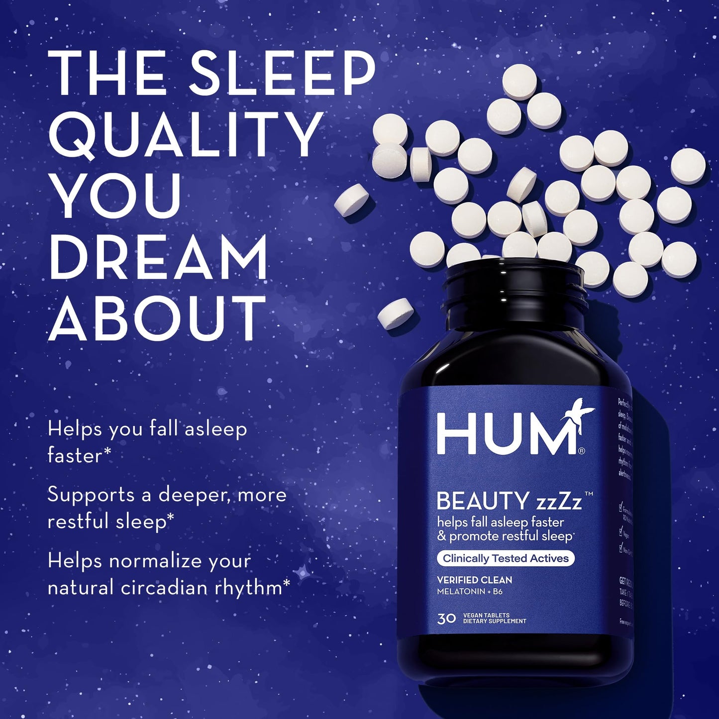 HUM Beauty zzZz Melatonin Sleep Supplement for Adults with Melatonin 3mg, Vitamin B6 and Calcium, Vegan, Gluten Free, Non GMO Sleep Support Tablets for Adults and Beauty Rest, 30 Vegan Tablets - Maple Wellness Supplements