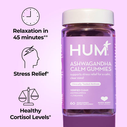 HUM Calm Ashwagandha Gummies for Women and Men, L-Theanine Ashwagandha Supplements for Daily Relaxation & Clarity Support, Vegan Fast Acting Gummy Formula, Mixed Berry Flavor, 60 Gummies - Maple Wellness Supplements