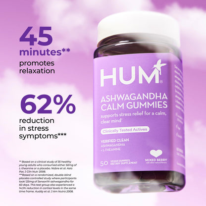 HUM Calm Ashwagandha Gummies for Women and Men, L-Theanine Ashwagandha Supplements for Daily Relaxation & Clarity Support, Vegan Fast Acting Gummy Formula, Mixed Berry Flavor, 60 Gummies - Maple Wellness Supplements