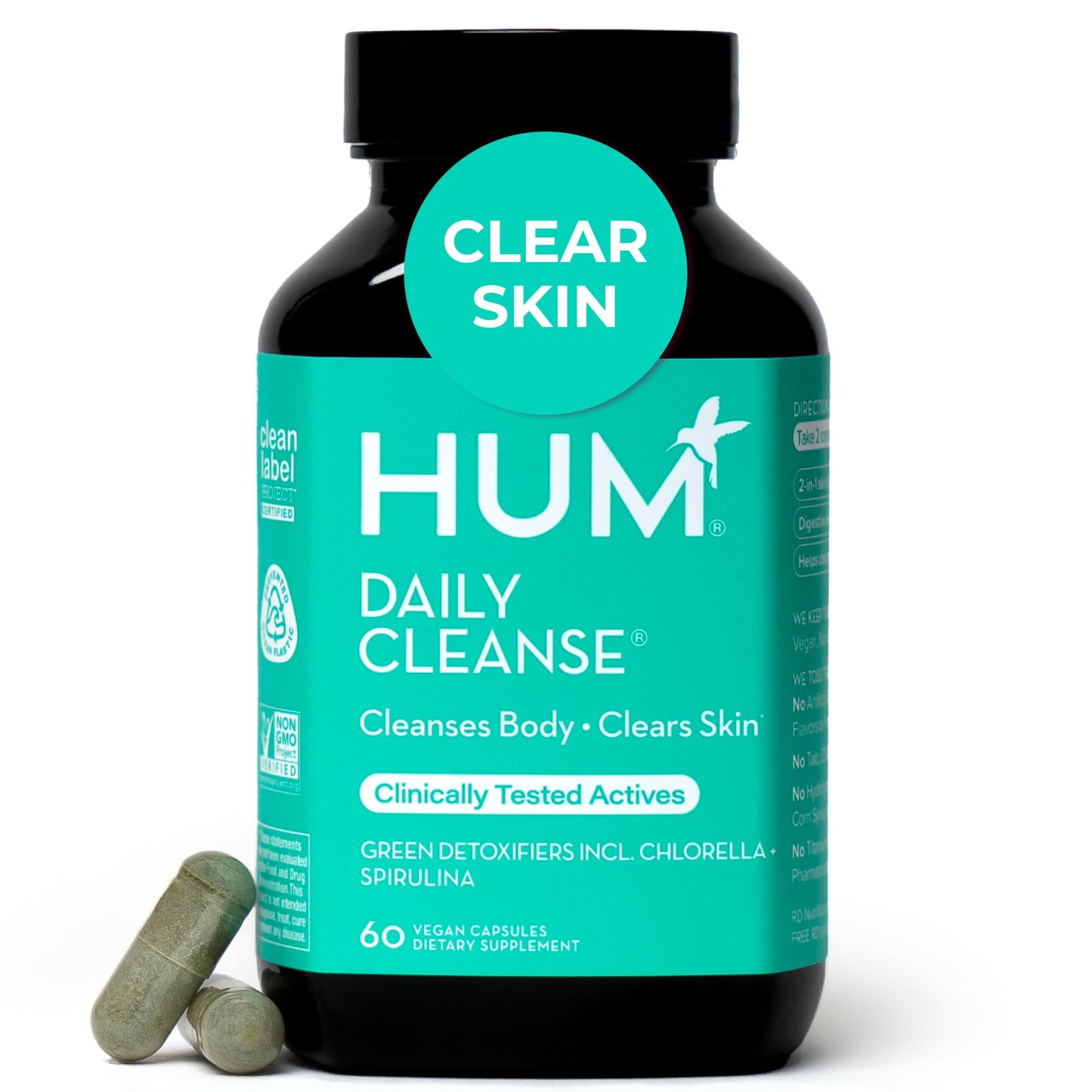 HUM Daily Cleanse Acne Supplements for Women & Men, Gentle Digestive Cleanse for Clear Skin Support, Zinc, Spirulina, Chlorella, Detoxifying Herbs, Organic Algae, Skin Vitamins Supplement, 60 Capsules - Maple Wellness Supplements