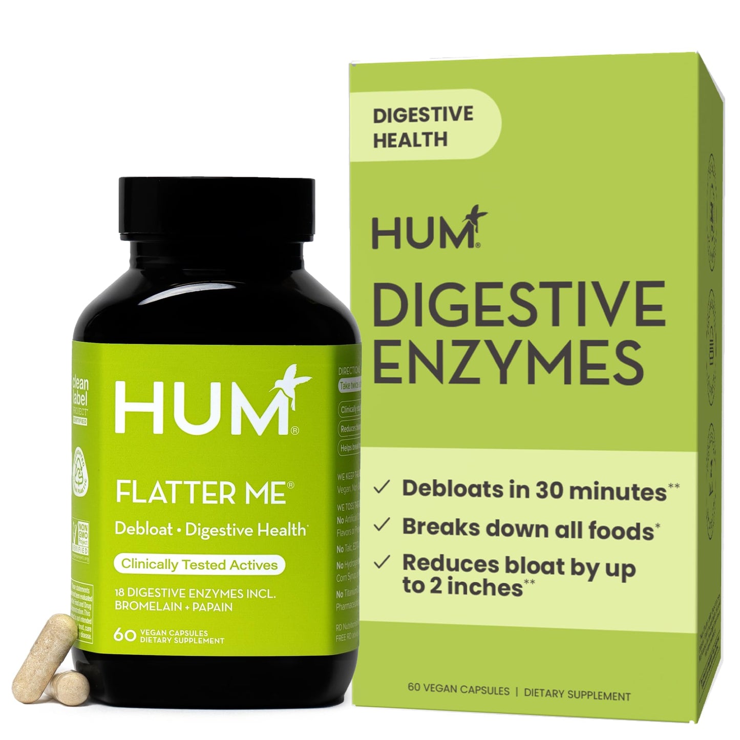 HUM Flatter Me Digestive Enzymes for Women & Men, Digestive Health Bloating Supplement with Ginger & Peppermint Leaf, Fast Acting Anti Bloat Pills Multi Enzyme for Debloating, Vegan, 60 Capsules - Maple Wellness Supplements
