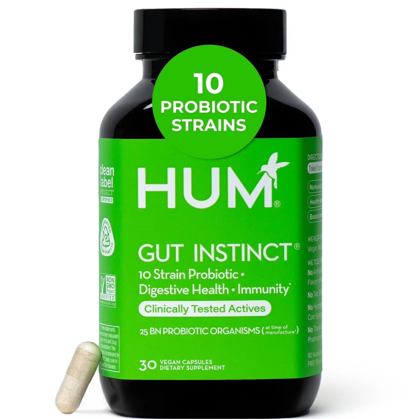 HUM Gut Instinct Daily Probiotics for Women and Men, Digestive Health, Lactobacillus, Bifidobacterium Strains for Immune Support, Probiotic Supplement for Healthy Gut Diversity, 30 Capsules - Maple Wellness Supplements