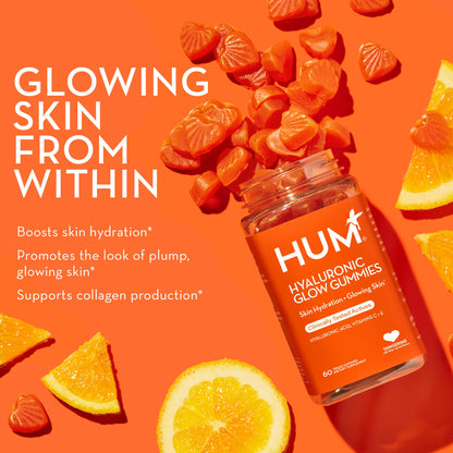 HUM Hyaluronic Glow Hydrating Skin Care Supplement, with Low Molecular Hyaluronic Acid, Vitamin C from Amla Fruit, and Vitamin E, Antioxidant Support for Skin Hydration, Tangerine, 60 Vegan Gummies - Maple Wellness Supplements