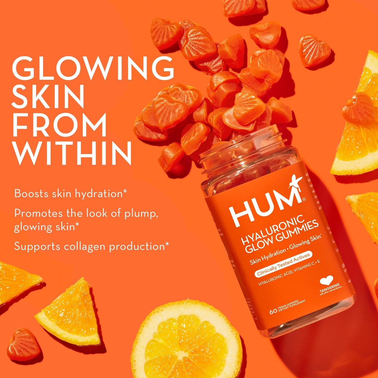 HUM Hyaluronic Glow Hydrating Skin Care Supplement, with Low Molecular Hyaluronic Acid, Vitamin C from Amla Fruit, and Vitamin E, Antioxidant Support for Skin Hydration, Tangerine, 60 Vegan Gummies - Maple Wellness Supplements