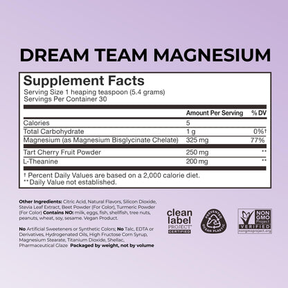 Hum Nutrition Dream Team Magnesium Bisglycinate Powder, L Theanine & Tart Cherry Magnesium Supplement Drink Mix, Support Rest, Relaxation & Sleep Routine, Gluten Free, Vegan, Cherry Lemon, 30 Servings - Maple Wellness Supplements