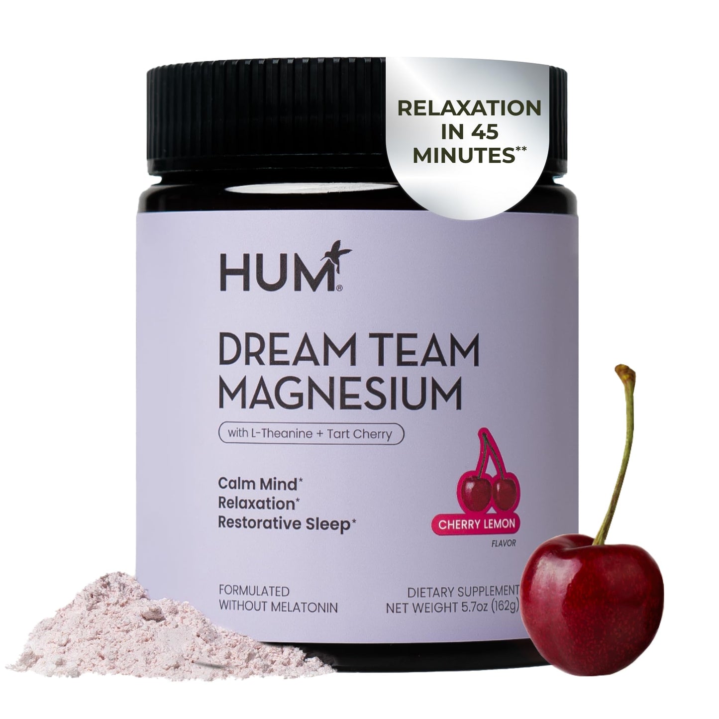 Hum Nutrition Dream Team Magnesium Bisglycinate Powder, L Theanine & Tart Cherry Magnesium Supplement Drink Mix, Support Rest, Relaxation & Sleep Routine, Gluten Free, Vegan, Cherry Lemon, 30 Servings - Maple Wellness Supplements
