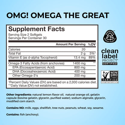 HUM OMG! Omega The Great Triple Omega 3 Fish Oil Supplement for Women & Men with Vitamin E, DHA & EPA, Skin Care & Skin Tone Support for Heart & Brain Health, Gluten Free, Non GMO, 60 Softgels - Maple Wellness Supplements