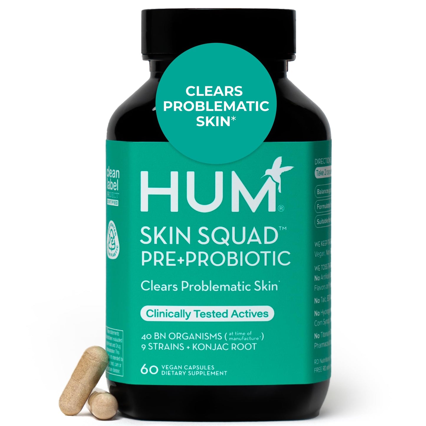 HUM Skin Squad Probiotics for Women and Men, Skin Care Supplement for Clear Complexion & Gut Health Support, Microbiome Prebiotic & Probiotic Supplement for Breakouts, Digestive Health, 60 Capsules - Maple Wellness Supplements