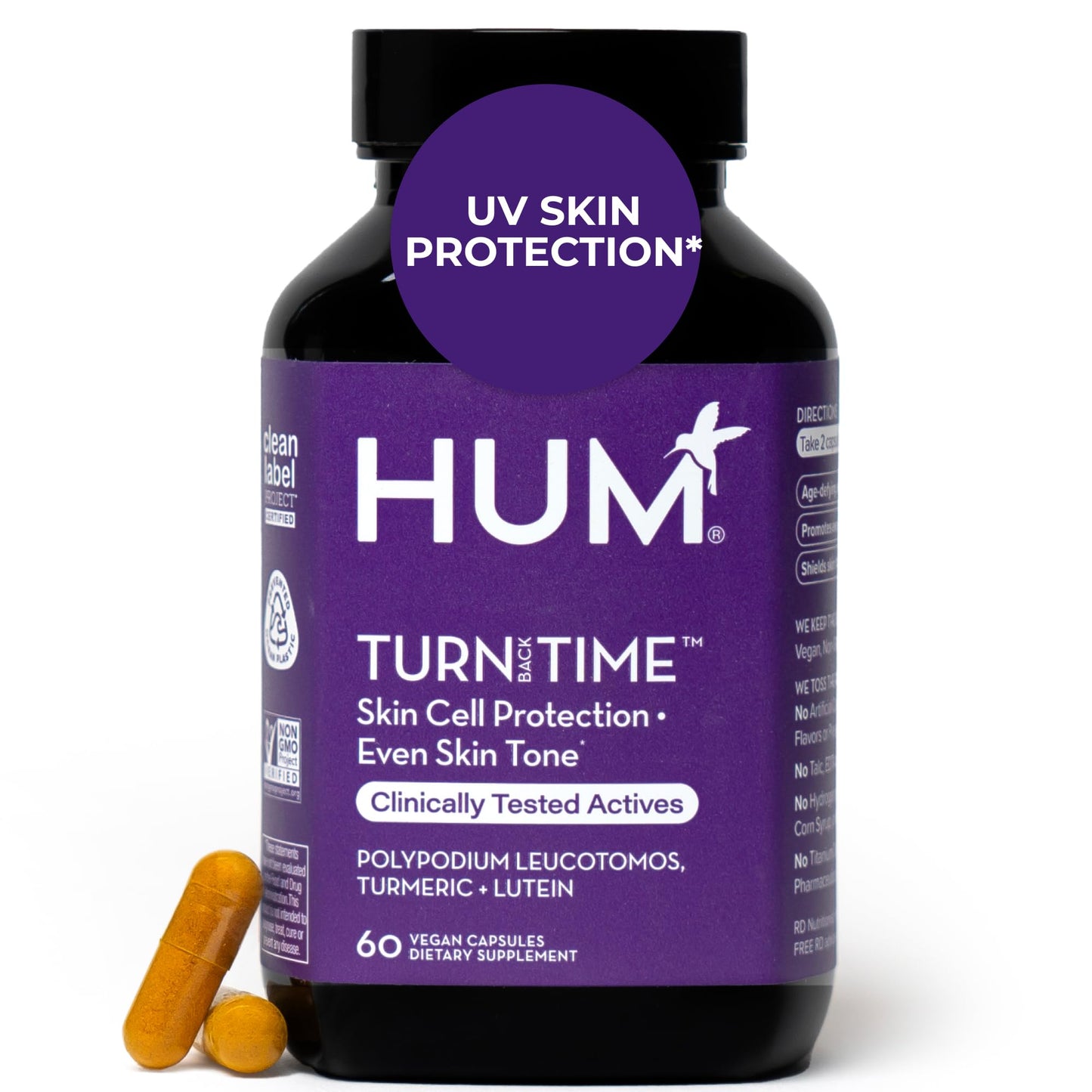 HUM Turn Back Time Turmeric Supplement for Youthful Looking Skin Support with Green Tea Extract, Lutein & Polyphenols, Skin Care Aging & Collagen Support Capsules for Even Tone, 60 Vegan Capsules - Maple Wellness Supplements