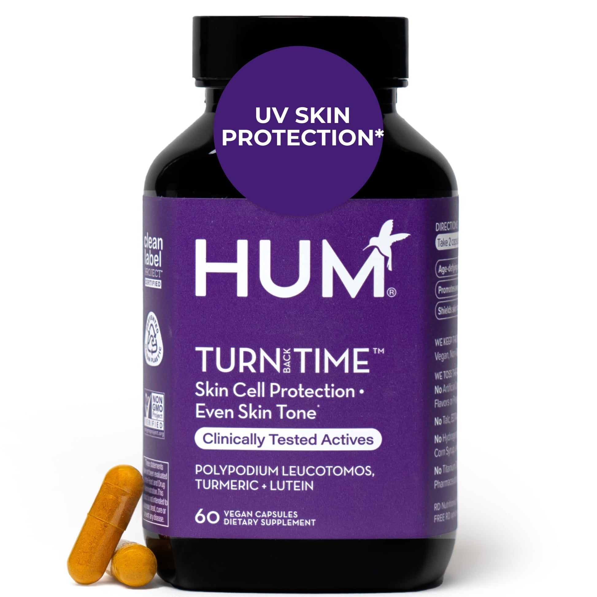 HUM Turn Back Time Turmeric Supplement for Youthful Looking Skin Support with Green Tea Extract, Lutein & Polyphenols, Skin Care Aging & Collagen Support Capsules for Even Tone, 60 Vegan Capsules - Maple Wellness Supplements