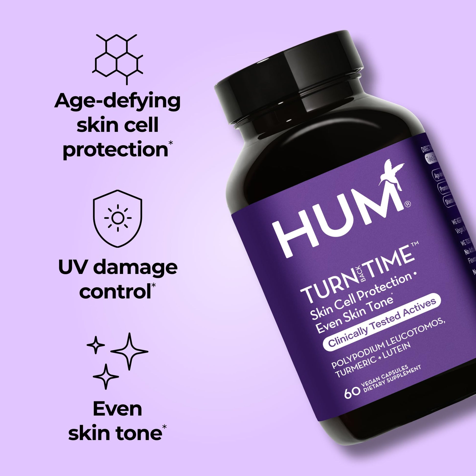 HUM Turn Back Time Turmeric Supplement for Youthful Looking Skin Support with Green Tea Extract, Lutein & Polyphenols, Skin Care Aging & Collagen Support Capsules for Even Tone, 60 Vegan Capsules - Maple Wellness Supplements