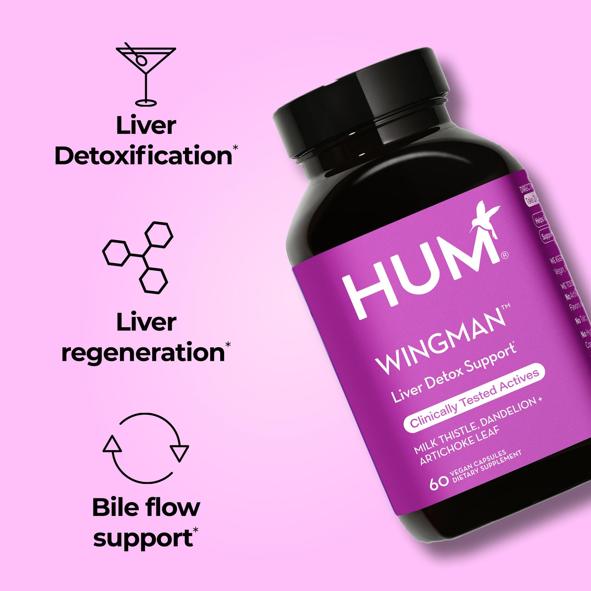 HUM Wing Man Liver Support Supplement with Milk Thistle, Dandelion Root Powder & Artichoke Leaf Extract For Liver Health & Function Support, Milk Thistle Supplement Helps Flush Out Toxins, 60 Capsules - Maple Wellness Supplements