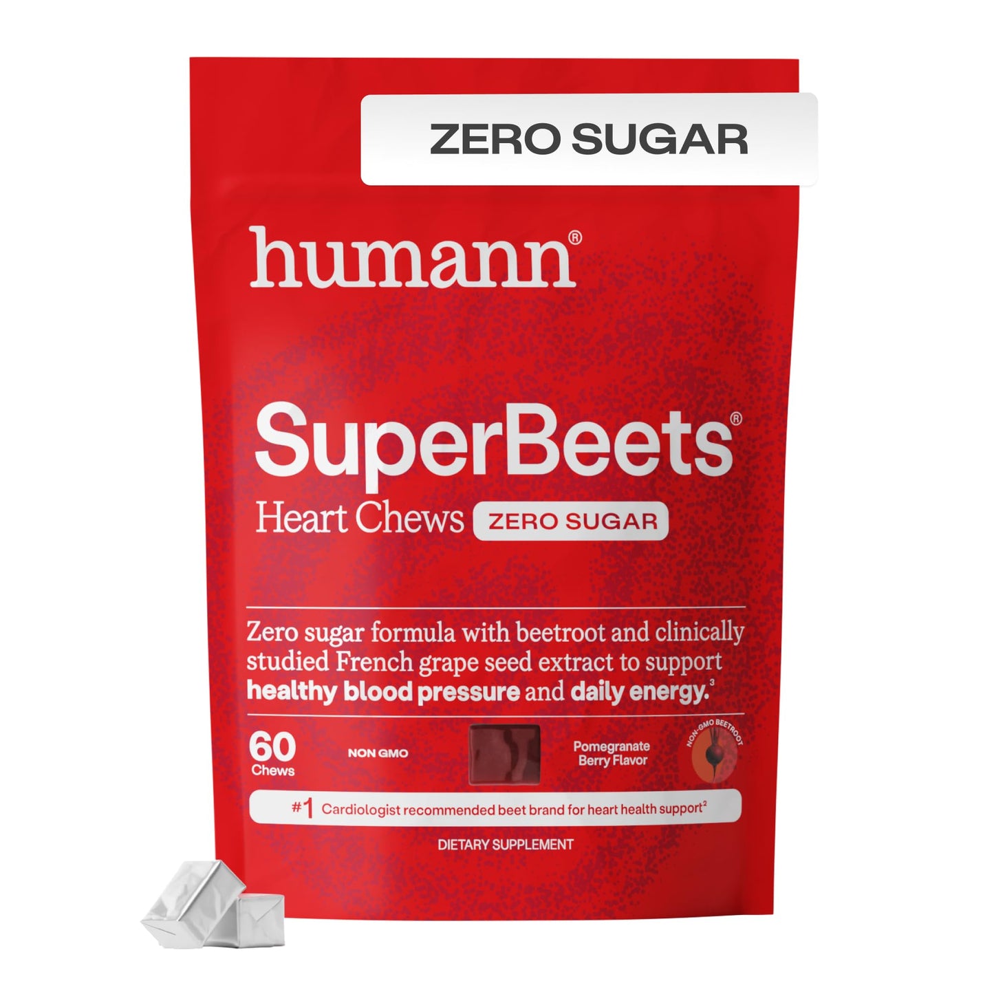Humann SuperBeets Heart Chews Zero Sugar, Beet Root Supplement, Energy, Nitric Oxide and Blood Pressure Support, Grape Seed Extract & Non-GMO - Maple Wellness Supplements