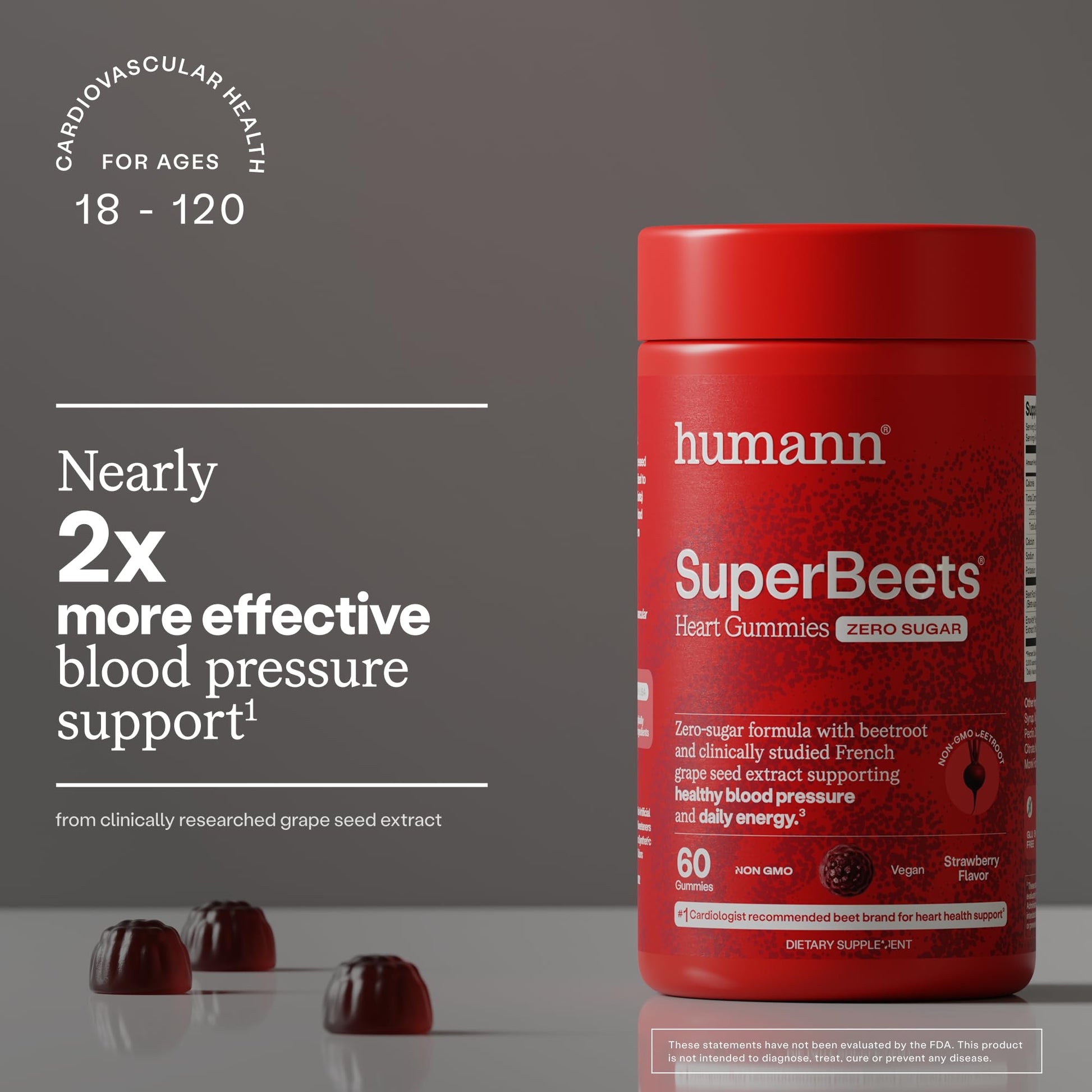 Humann SuperBeets Heart Gummies Zero Sugar - Beet Gummy with Energy Support, Grape Seed Extract & Beetroot Powder - 60 Count - Maple Wellness Supplements