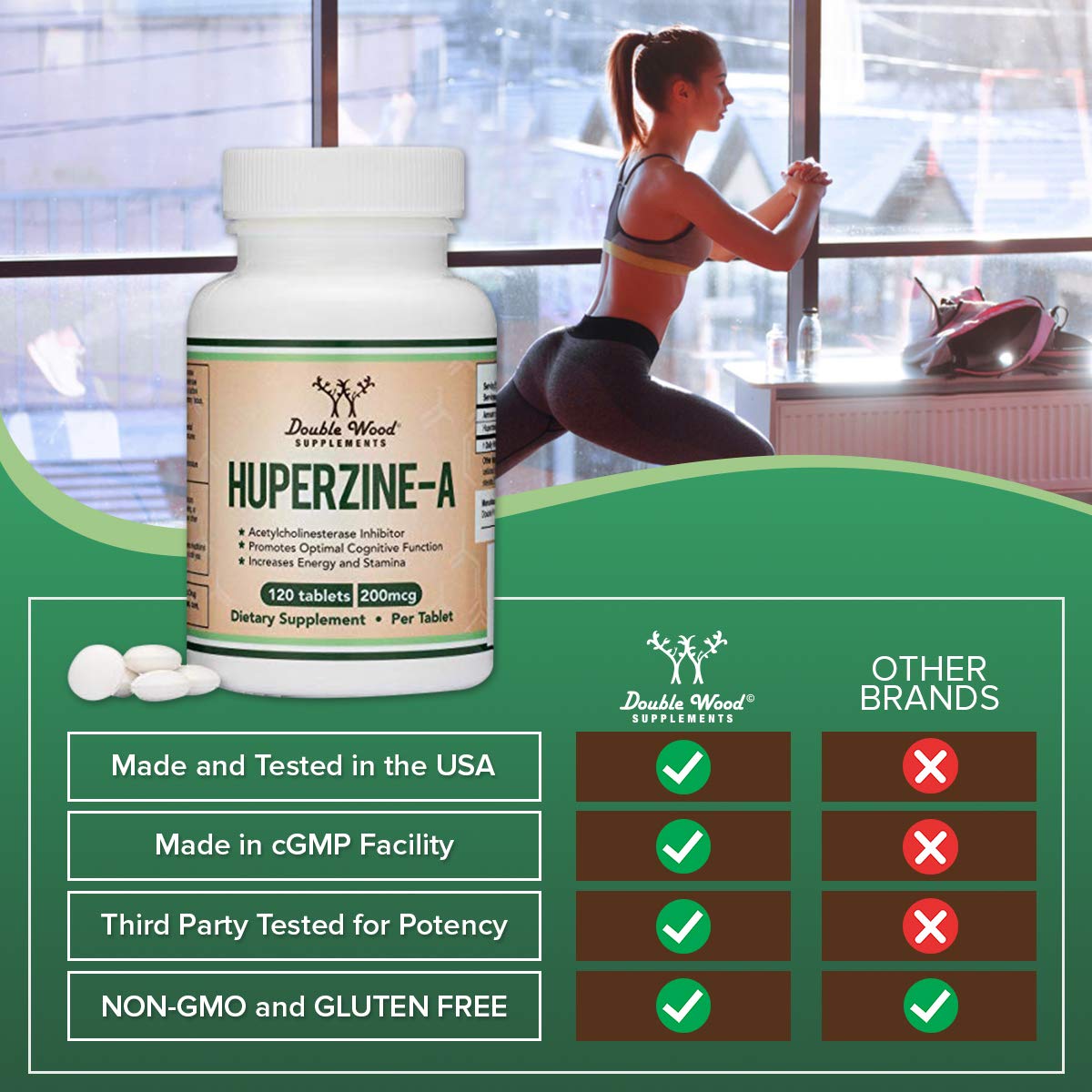 Huperzine A 200mcg (Third Party Tested) 120 Tablets, Brain Supplement to Promote Acetylcholine (Acetylcholinesterase Inhibitor) - Supports Memory and Focus by Double Wood - Maple Wellness Supplements