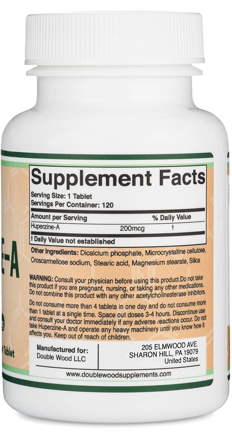 Huperzine A 200mcg (Third Party Tested) 120 Tablets, Brain Supplement to Promote Acetylcholine (Acetylcholinesterase Inhibitor) - Supports Memory and Focus by Double Wood - Maple Wellness Supplements