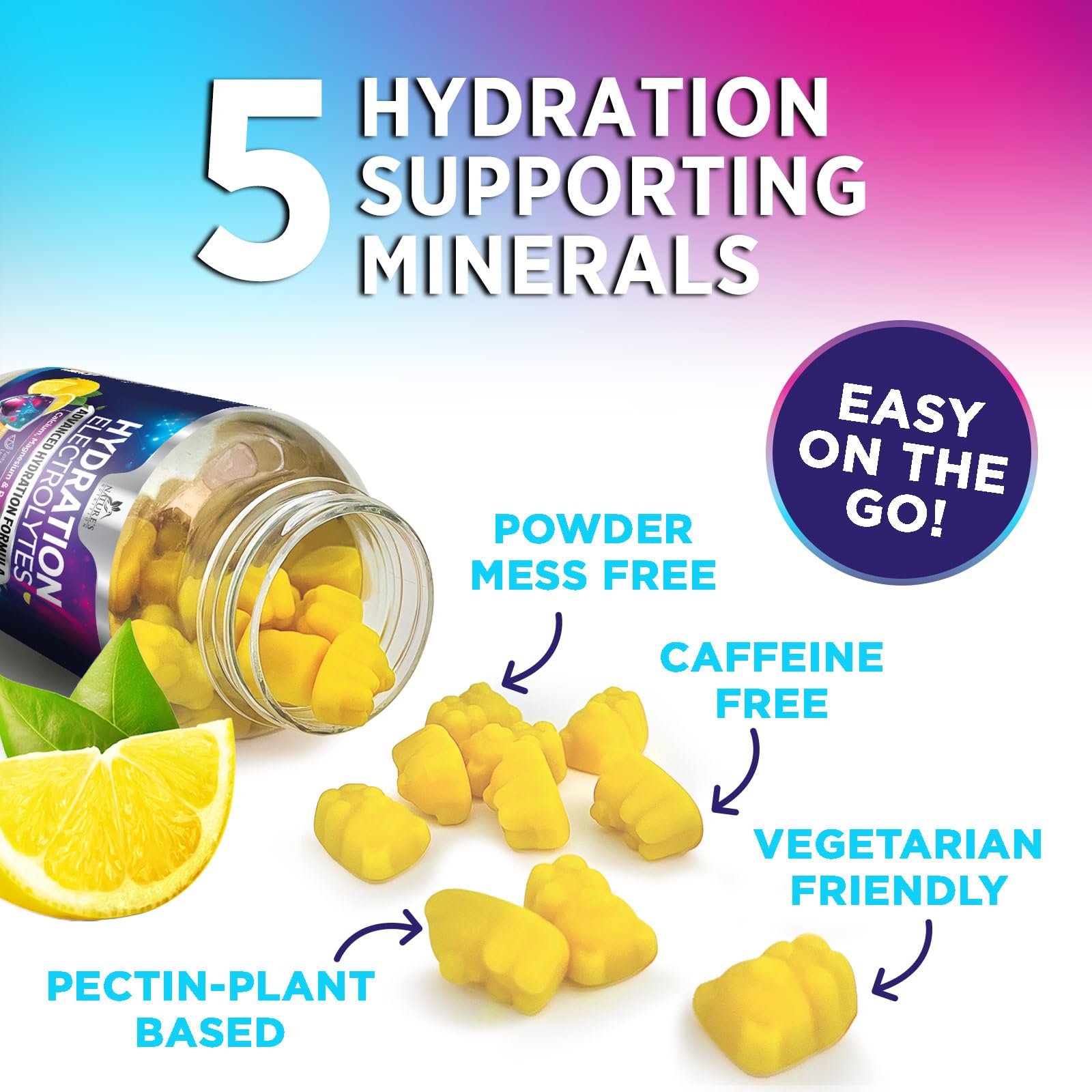 Hydration Electrolyte Gummies - Daily Liquid Replenisher Gummy - Electrolyte Multiplier with Minerals, Potassium & Real Salt - Vegan, Non-GMO - Tasty Lemon Flavor Hydration Electrolytes - Maple Wellness Supplements
