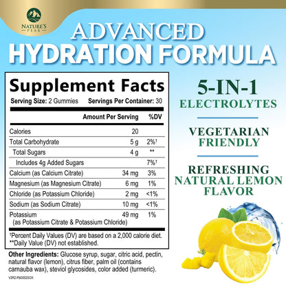 Hydration Electrolyte Gummies - Daily Liquid Replenisher Gummy - Electrolyte Multiplier with Minerals, Potassium & Real Salt - Vegan, Non-GMO - Tasty Lemon Flavor Hydration Electrolytes - 60 Gummies - Maple Wellness Supplements
