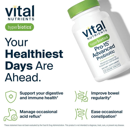 Hyperbiotics Vital Nutrients Pro-15 Advanced Probiotics for Women and Men | 15 Strains + Kiwifruit | Clinically Studied Daily Probiotics for Digestive Health, Gas, & Bloating | 30 Vegan Tablets - Maple Wellness Supplements