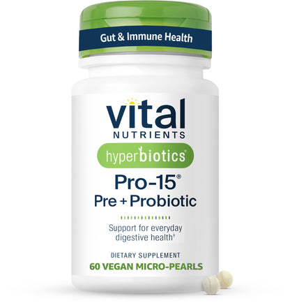 Hyperbiotics Vital Nutrients Pro-15 Prebiotics and Probiotics for Women and Men | 15 Science Backed Strains | Supports Occasional Constipation, Diarrhea, Gas & Bloating | 60 Vegan Time Release Pearls - Maple Wellness Supplements