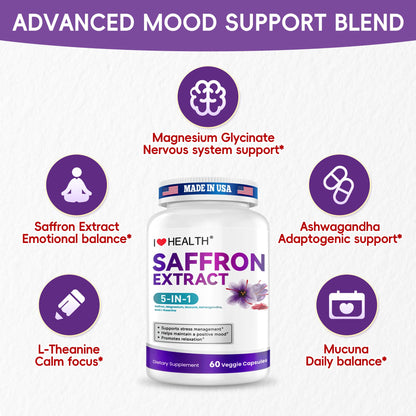 I LOVE HEALTH Saffron Supplement – 88.5mg with Magnesium Glycinate, Ashwagandha & L-Theanine for Stress Relief, Calm Mood & Emotional Balance – Made in USA – 60 Capsules - Maple Wellness Supplements